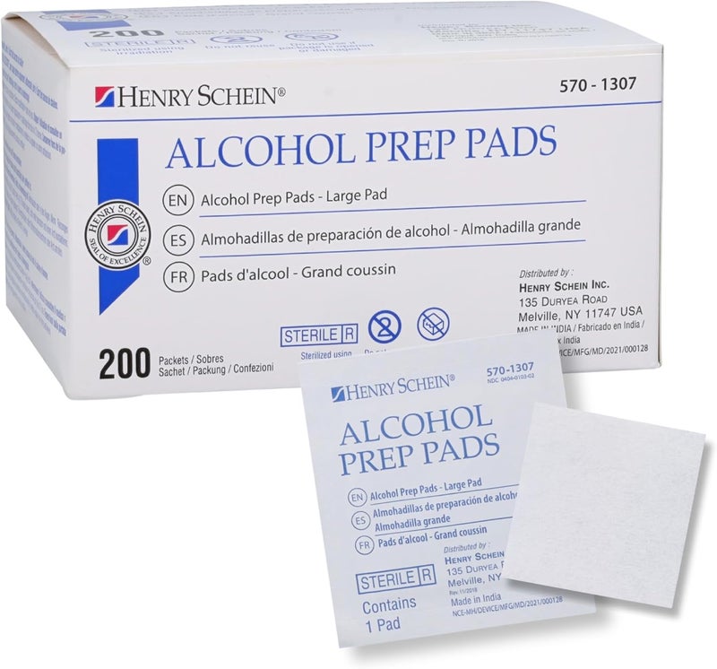 Henry Schein Large Alcohol Prep Pads (200/Box) - 70% Isopropyl Alcohol Wipes, Individually Wrapped - 2 ply, Textured - Skin Prep Alcohols Swabs - Sterile Pads - Image 1